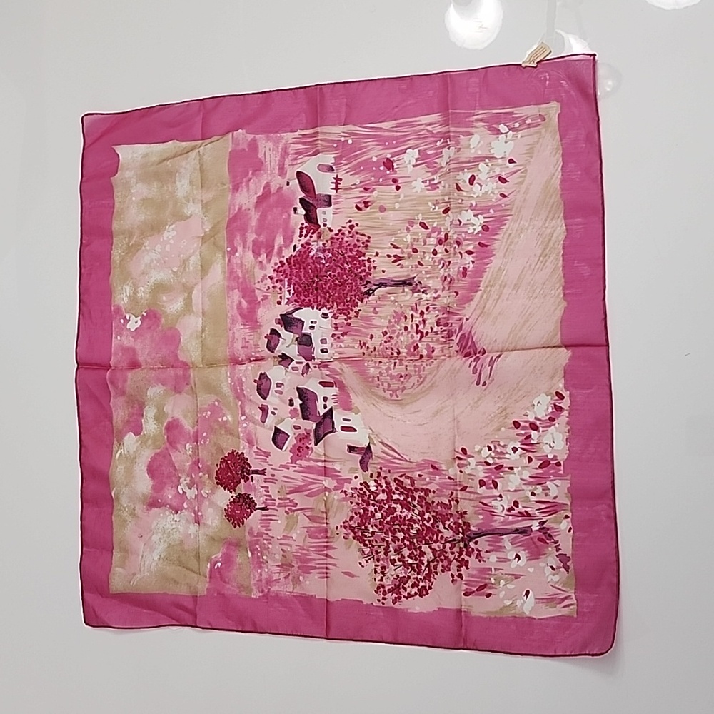 Pink Tan White Cream Countryside Print 100% Polyester Scarf - Picture 5 of 7